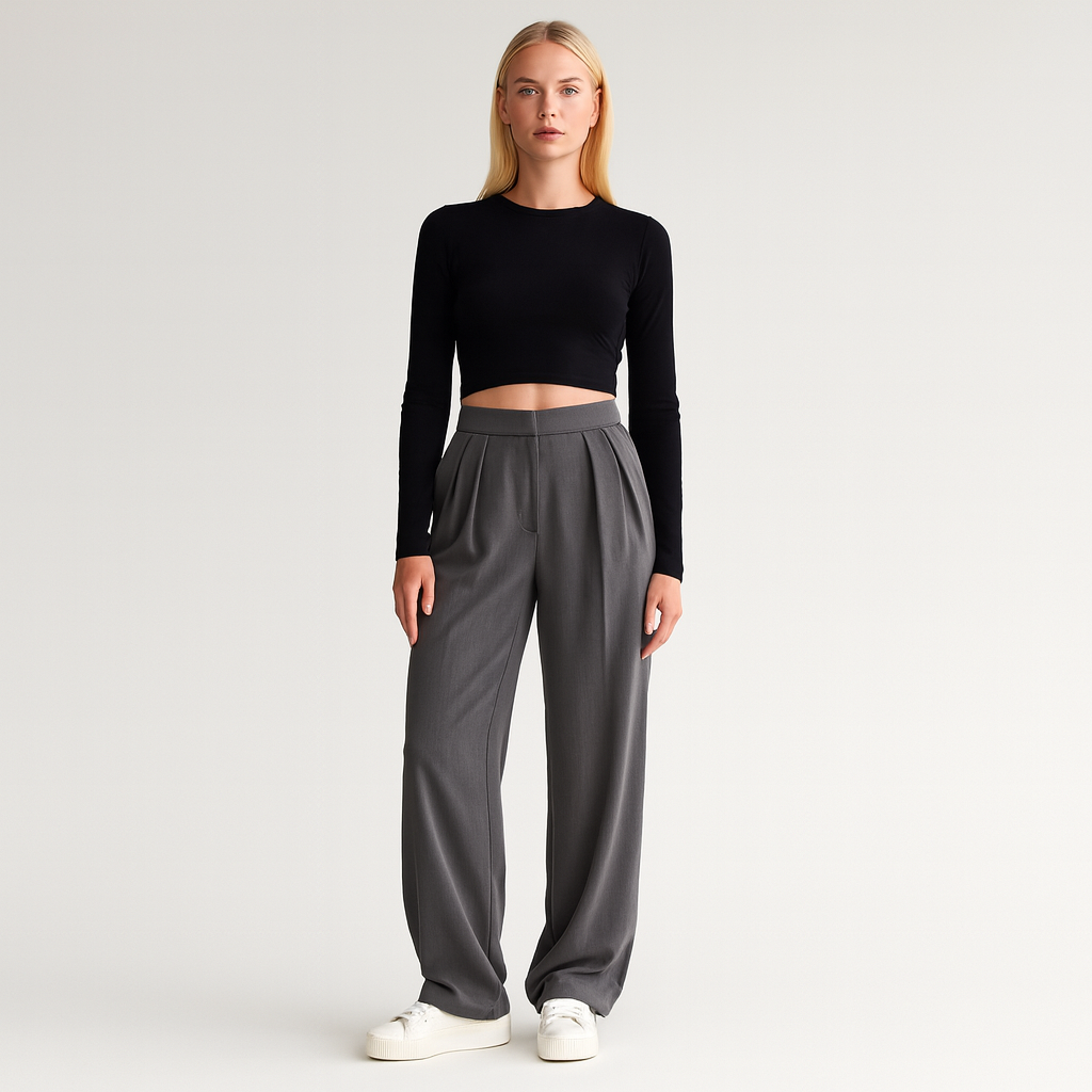 Women’s structured trousers with a high-rise waist and straight-leg fit, crafted from smooth tailored fabric for an elegant silhouette.