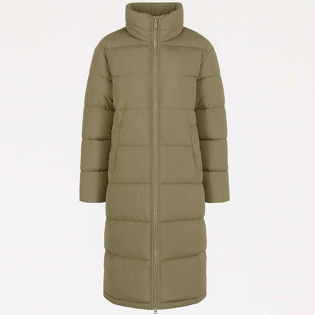 Longline olive green puffer coat with high collar, zip closure, and lightweight insulated padding styled for winter.