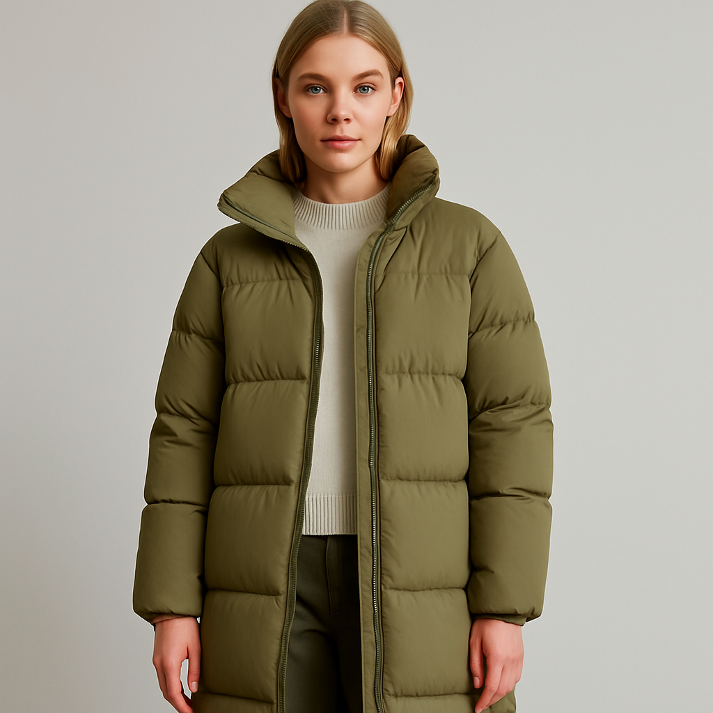 Longline olive green puffer coat with high collar, zip closure, and lightweight insulated padding styled for winter.