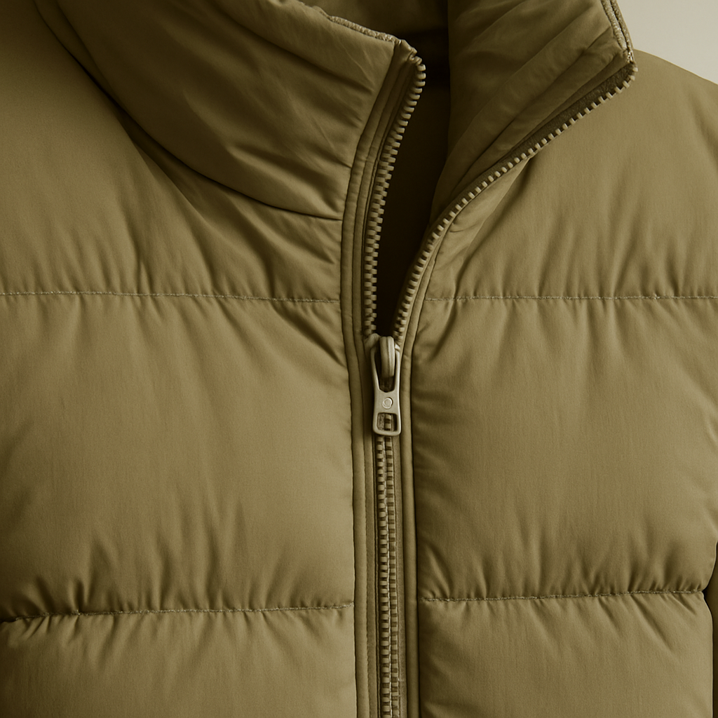 Longline olive green puffer coat with high collar, zip closure, and lightweight insulated padding styled for winter.