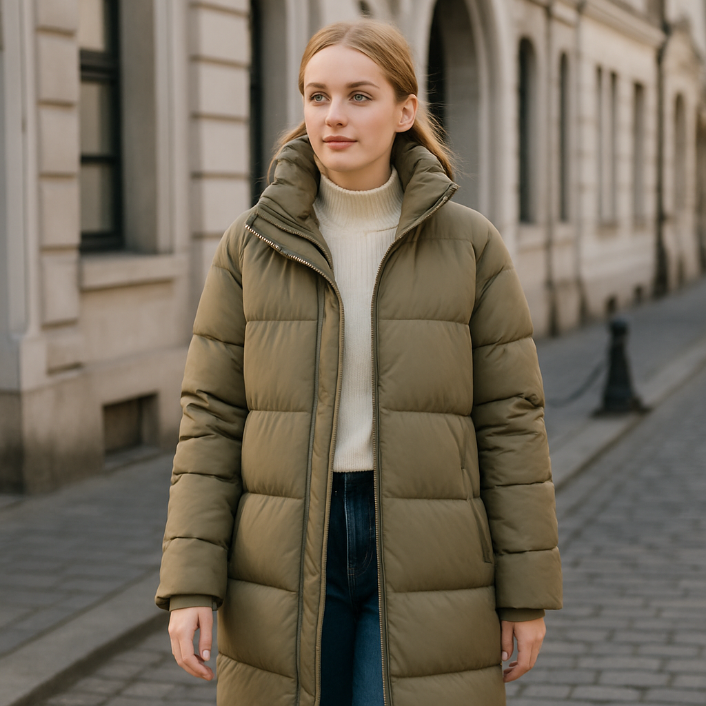Longline olive green puffer coat with high collar, zip closure, and lightweight insulated padding styled for winter.