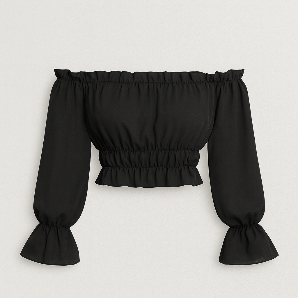 Black off-shoulder ruffle crop top with long flared sleeves and ruched waist.