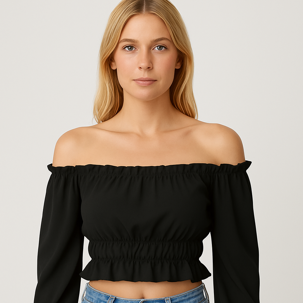 Black off-shoulder ruffle crop top with long flared sleeves and ruched waist.