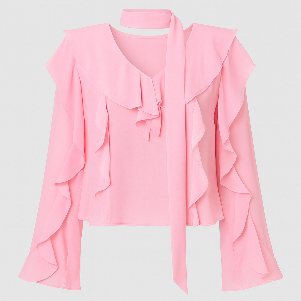 Pink chiffon blouse with ruffled sleeves and tie-neck detail.