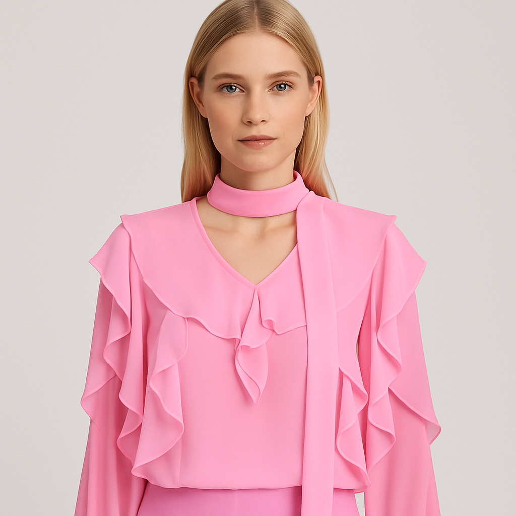 Pink chiffon blouse with ruffled sleeves and tie-neck detail.
