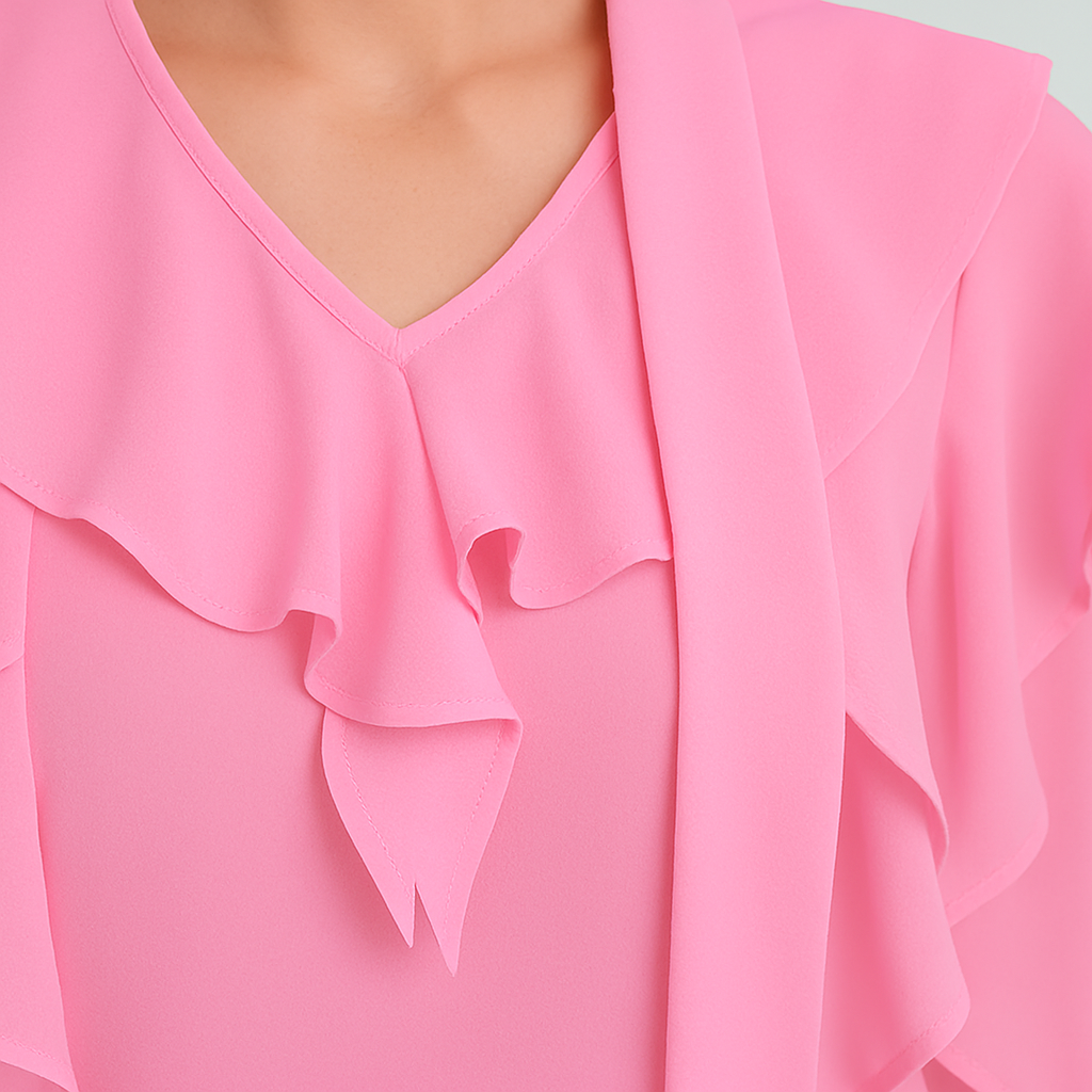Pink chiffon blouse with ruffled sleeves and tie-neck detail.