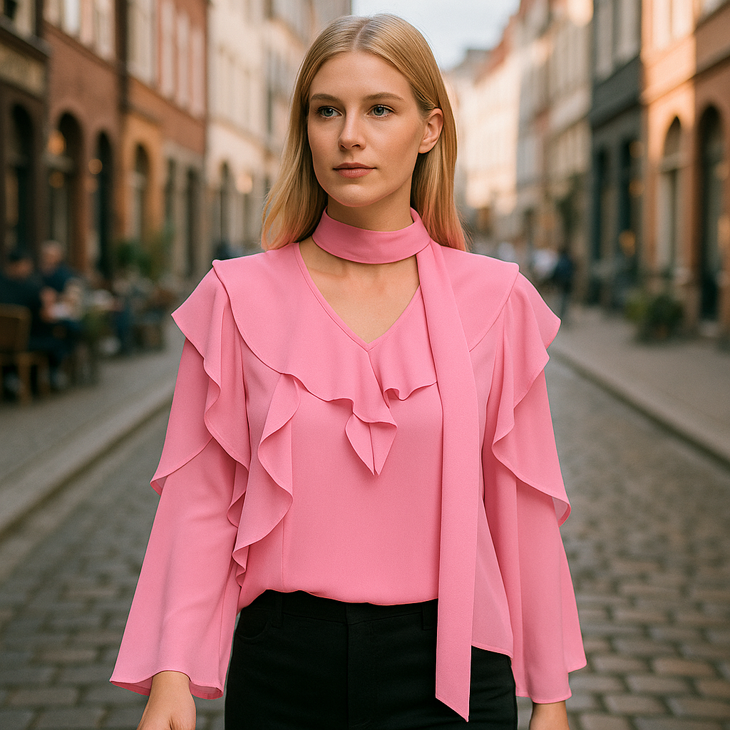 Pink chiffon blouse with ruffled sleeves and tie-neck detail.