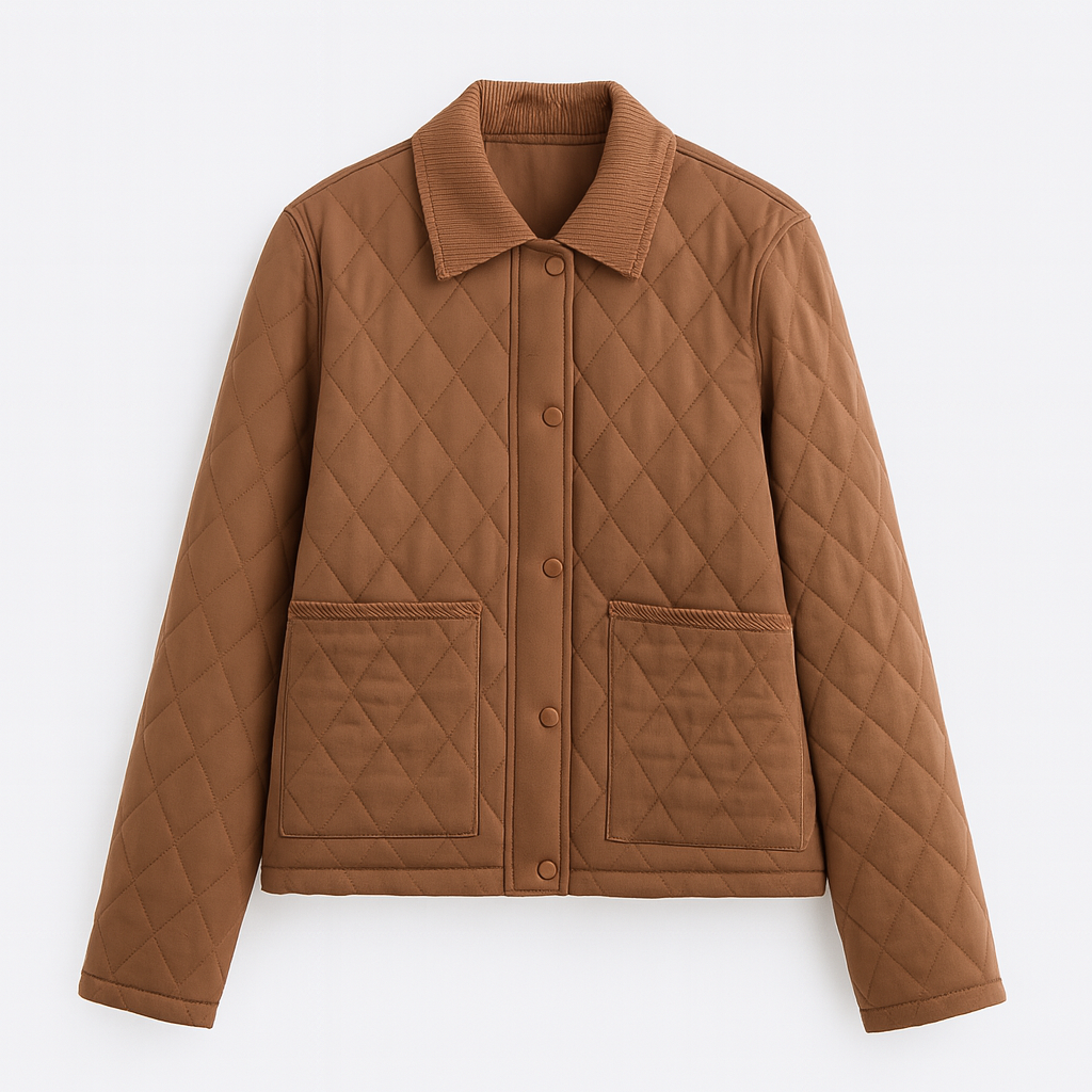 Brown quilted jacket with corduroy collar, diamond stitching, and front patch pockets.