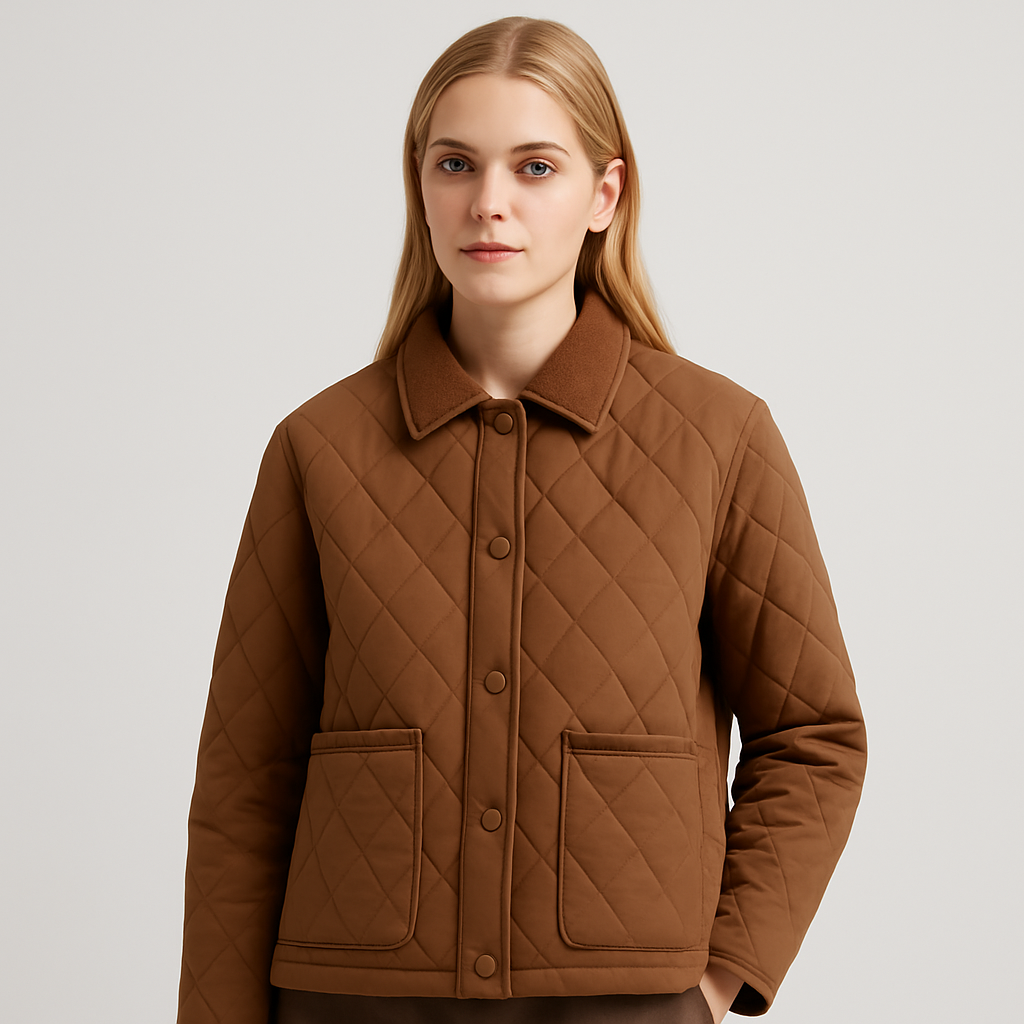 Brown quilted jacket with corduroy collar, diamond stitching, and front patch pockets.