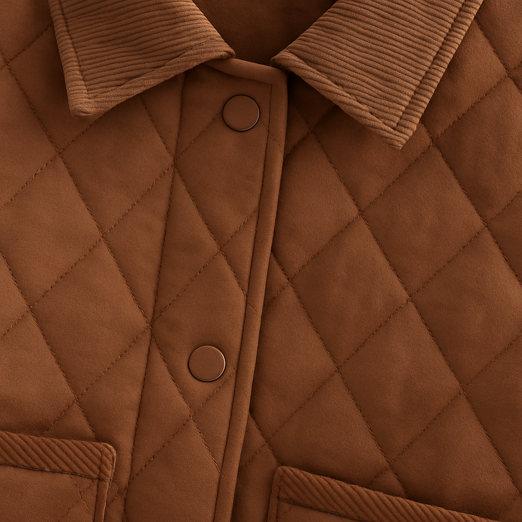 Brown quilted jacket with corduroy collar, diamond stitching, and front patch pockets.