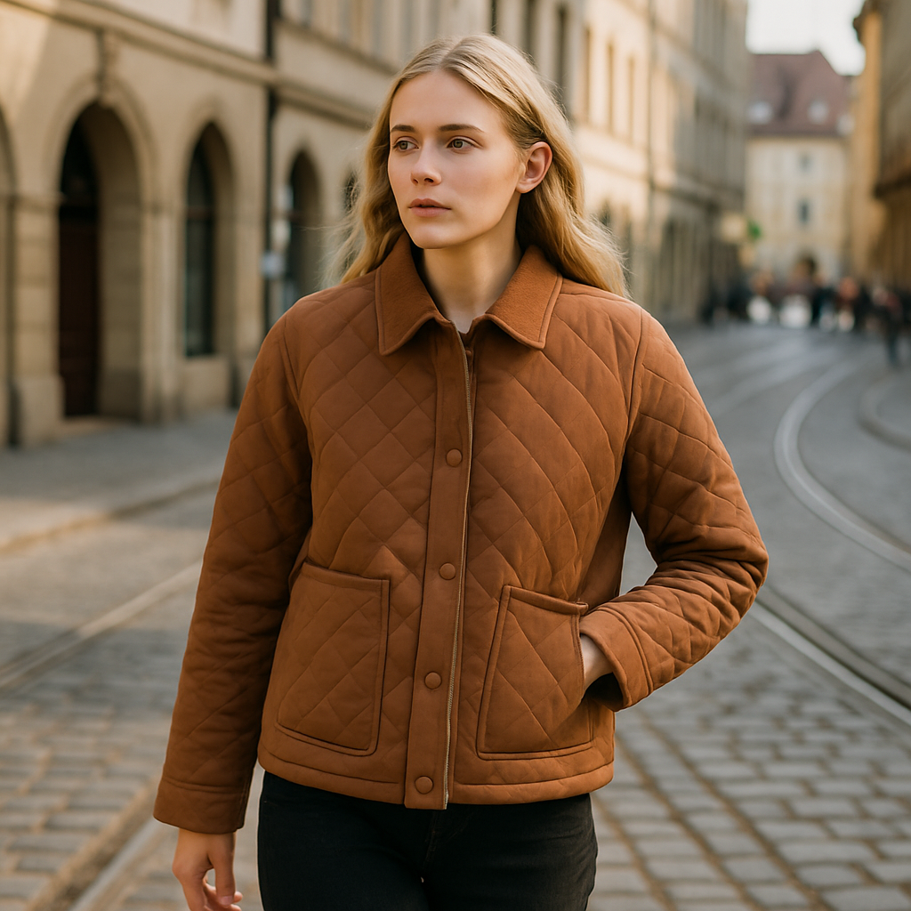 Brown quilted jacket with corduroy collar, diamond stitching, and front patch pockets.