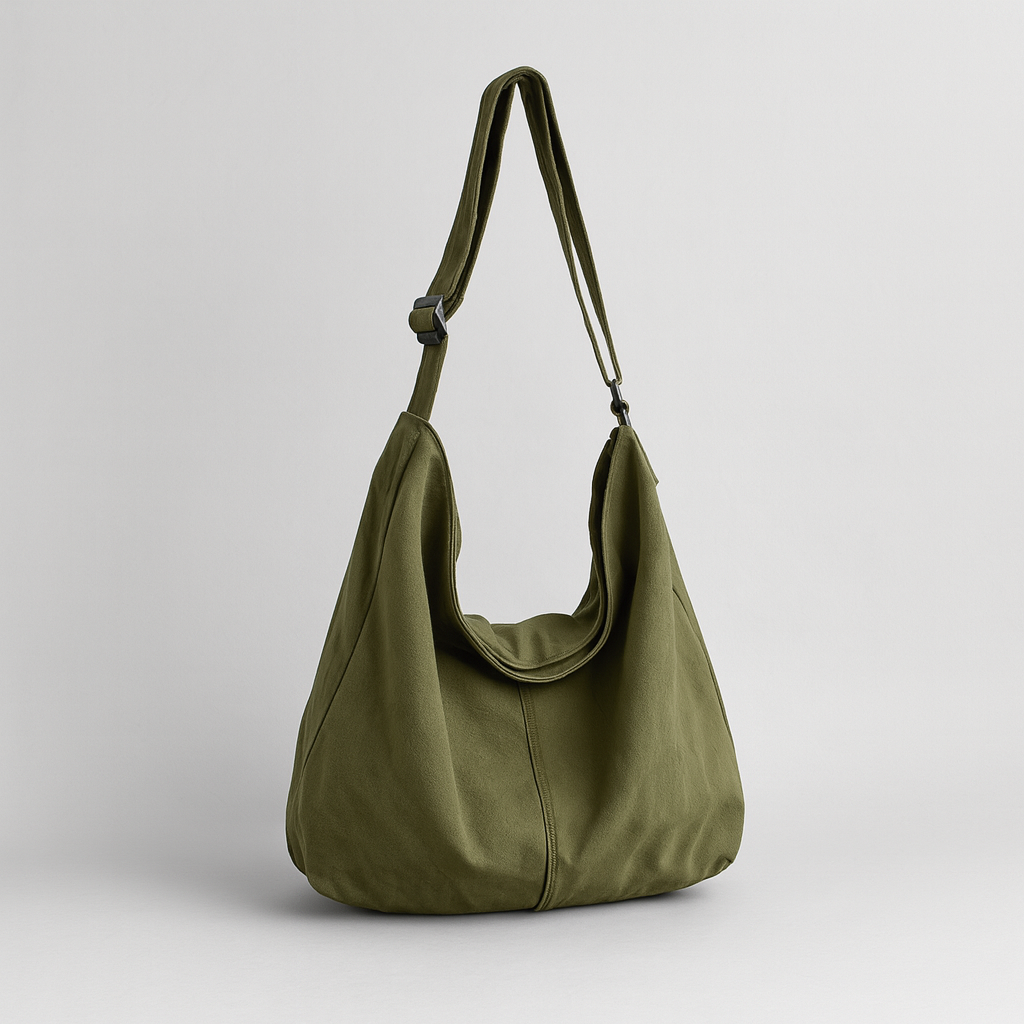 Canvas shoulder bag with oversized silhouette, soft shoulder strap, and spacious interior.