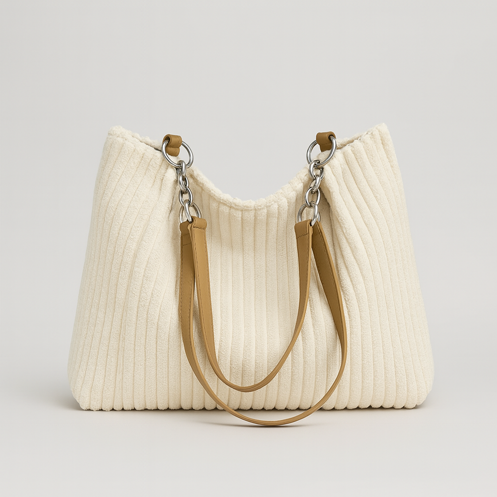 Casual corduroy tote bag with soft textured fabric, spacious open interior, sturdy handles, and relaxed everyday design
