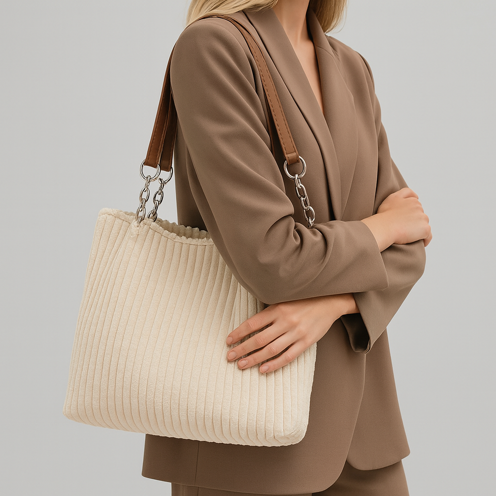 Casual corduroy tote bag with soft textured fabric, spacious open interior, sturdy handles, and relaxed everyday design