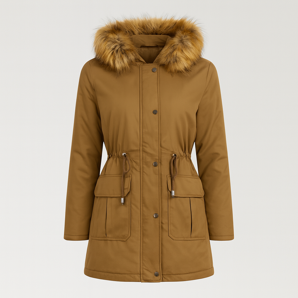 Camel parka coat with faux fur-trimmed hood, adjustable waist tie, and utility pockets.