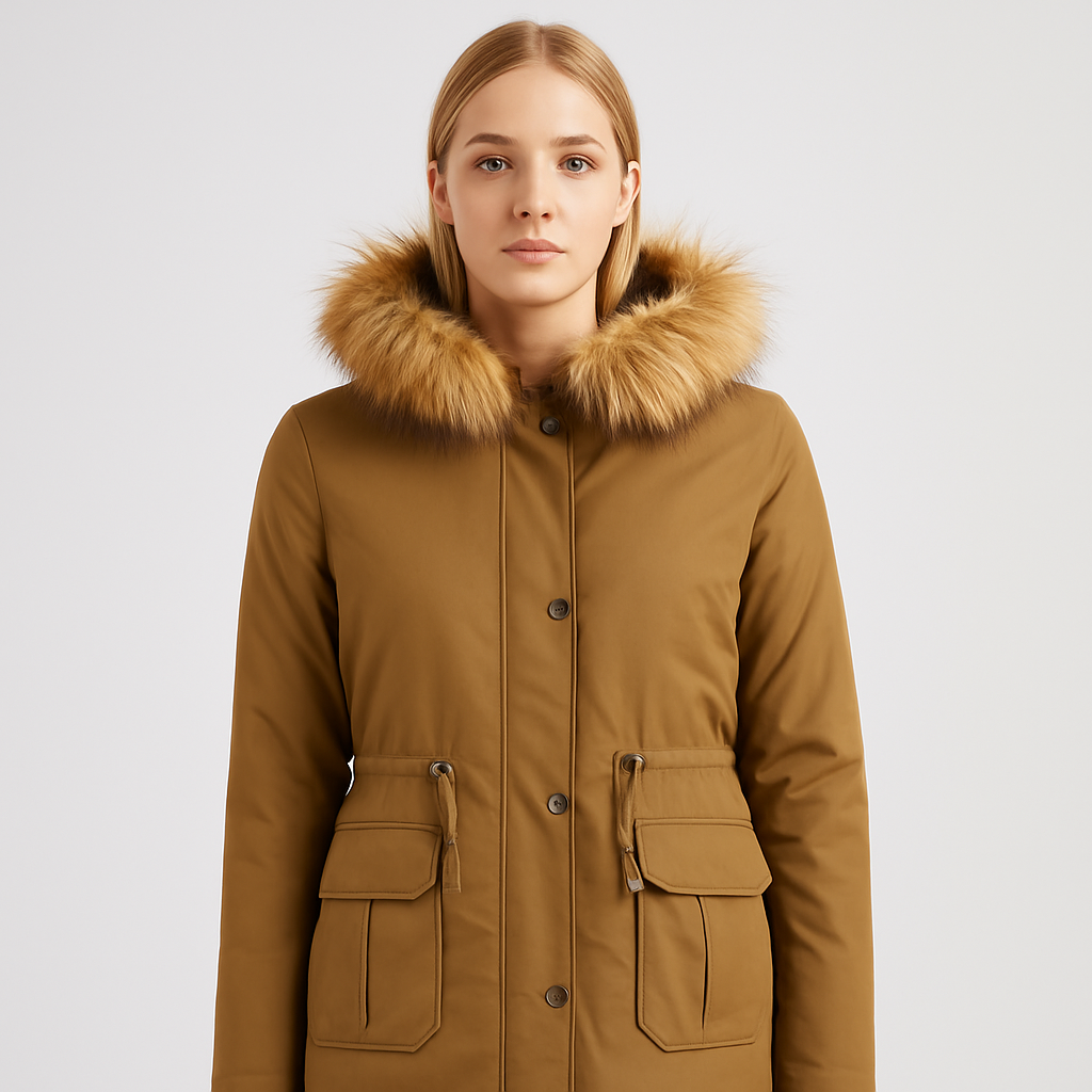 Camel parka coat with faux fur-trimmed hood, adjustable waist tie, and utility pockets.
