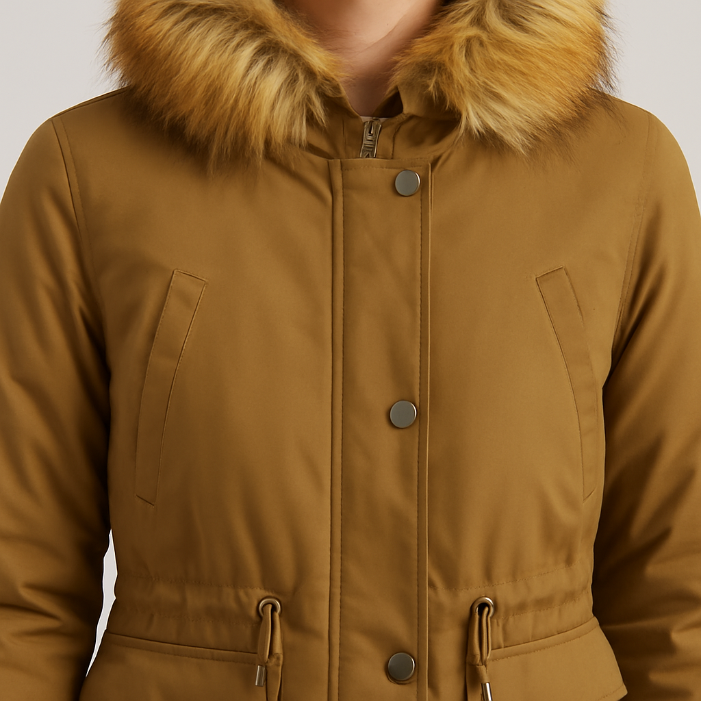 Camel parka coat with faux fur-trimmed hood, adjustable waist tie, and utility pockets.
