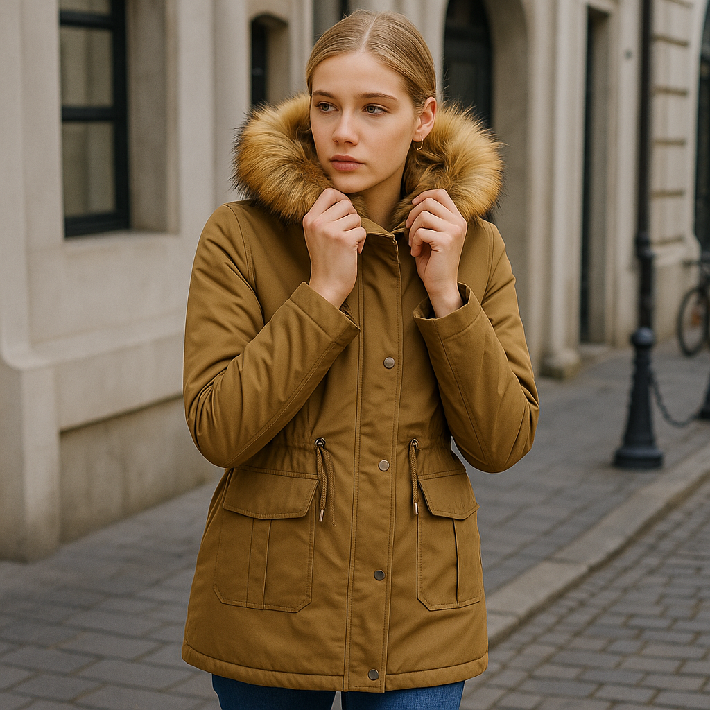 Camel parka coat with faux fur-trimmed hood, adjustable waist tie, and utility pockets.
