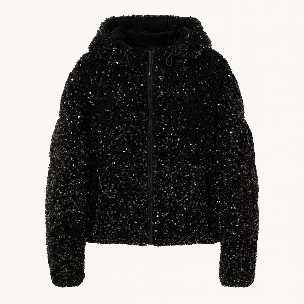 Black hooded jacket covered in sequins with zip closure, designed for bold evening or streetwear looks.