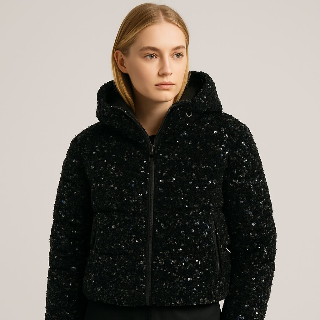 Black hooded jacket covered in sequins with zip closure, designed for bold evening or streetwear looks.