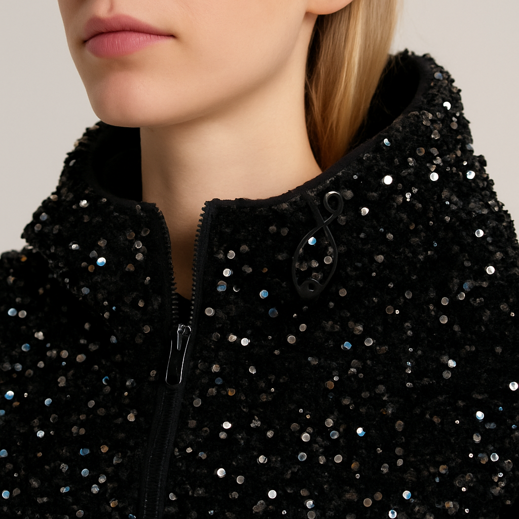 Black hooded jacket covered in sequins with zip closure, designed for bold evening or streetwear looks.