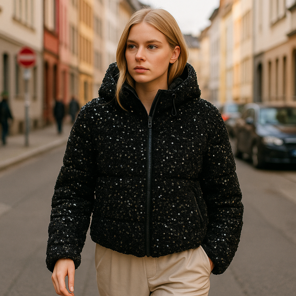 Black hooded jacket covered in sequins with zip closure, designed for bold evening or streetwear looks.