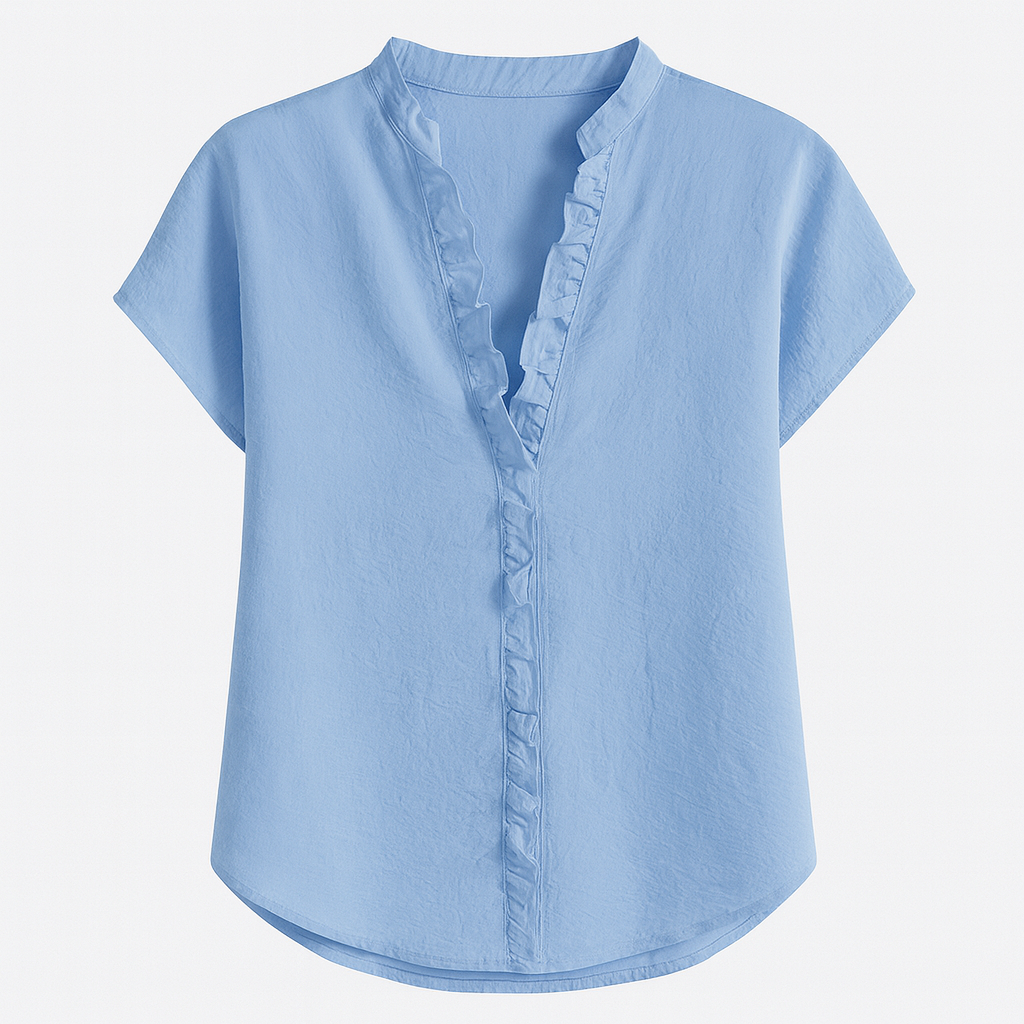 Light blue short sleeve blouse with V-neckline and ruffle trim detail.