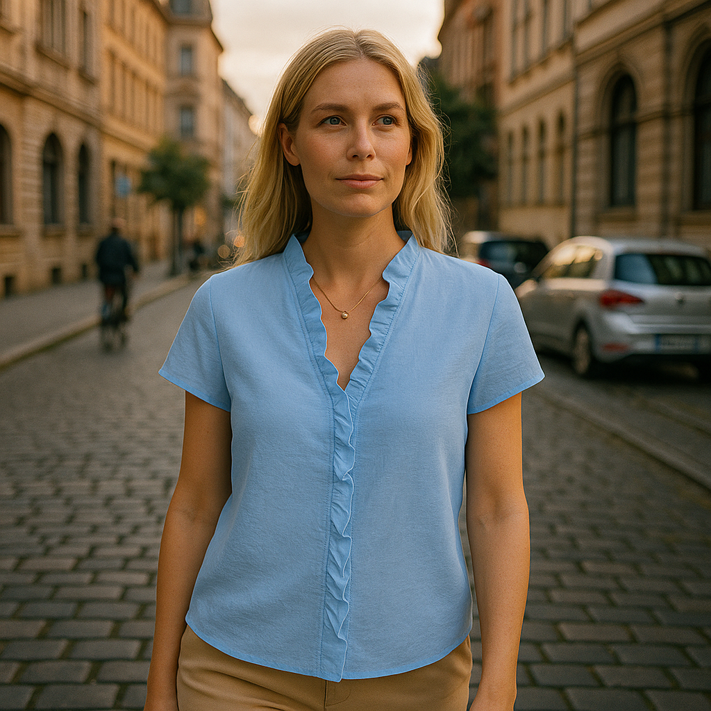 Light blue short sleeve blouse with V-neckline and ruffle trim detail.