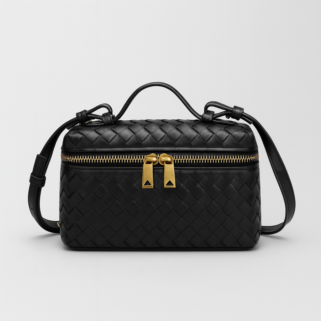 Woven leather crossbody bag with adjustable strap, secure zip closure, and compact design for stylish everyday wear