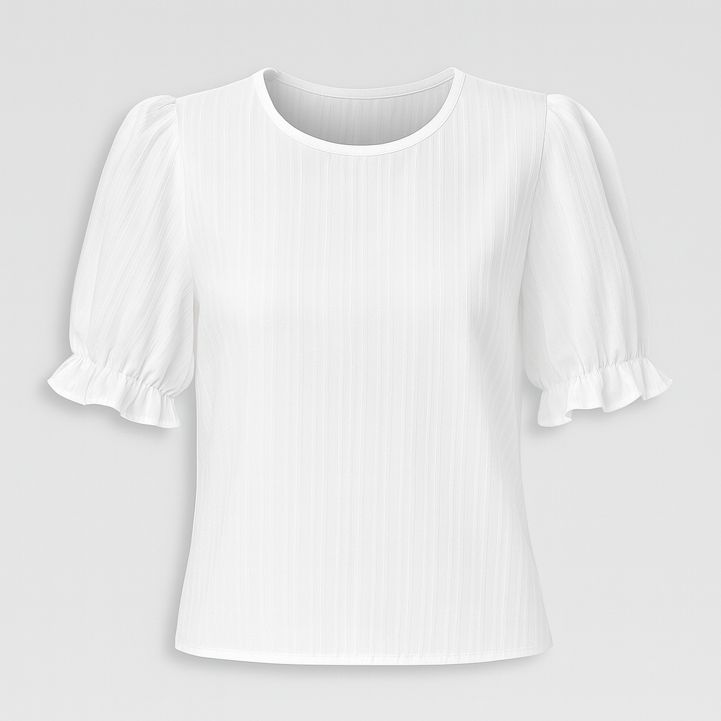 White puff sleeve blouse with round neckline and ruffle cuffs.