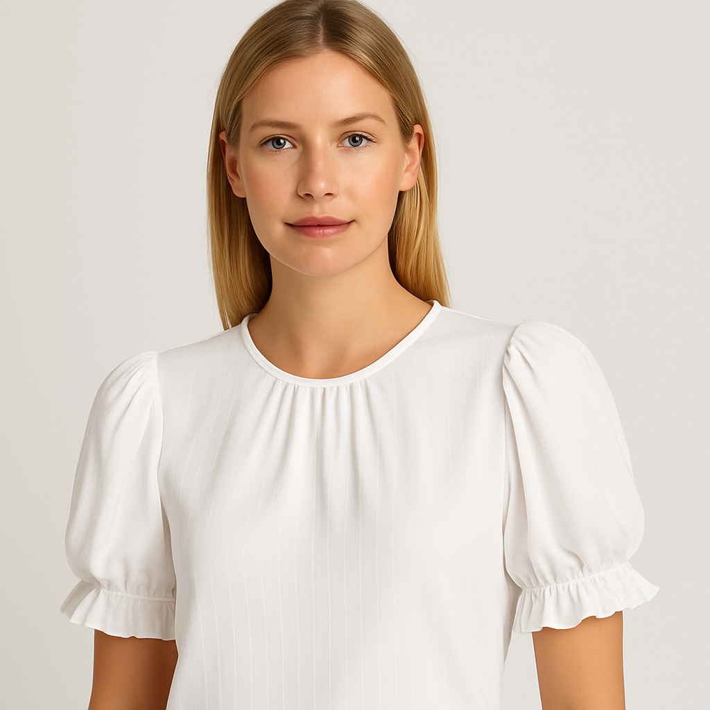 White puff sleeve blouse with round neckline and ruffle cuffs.
