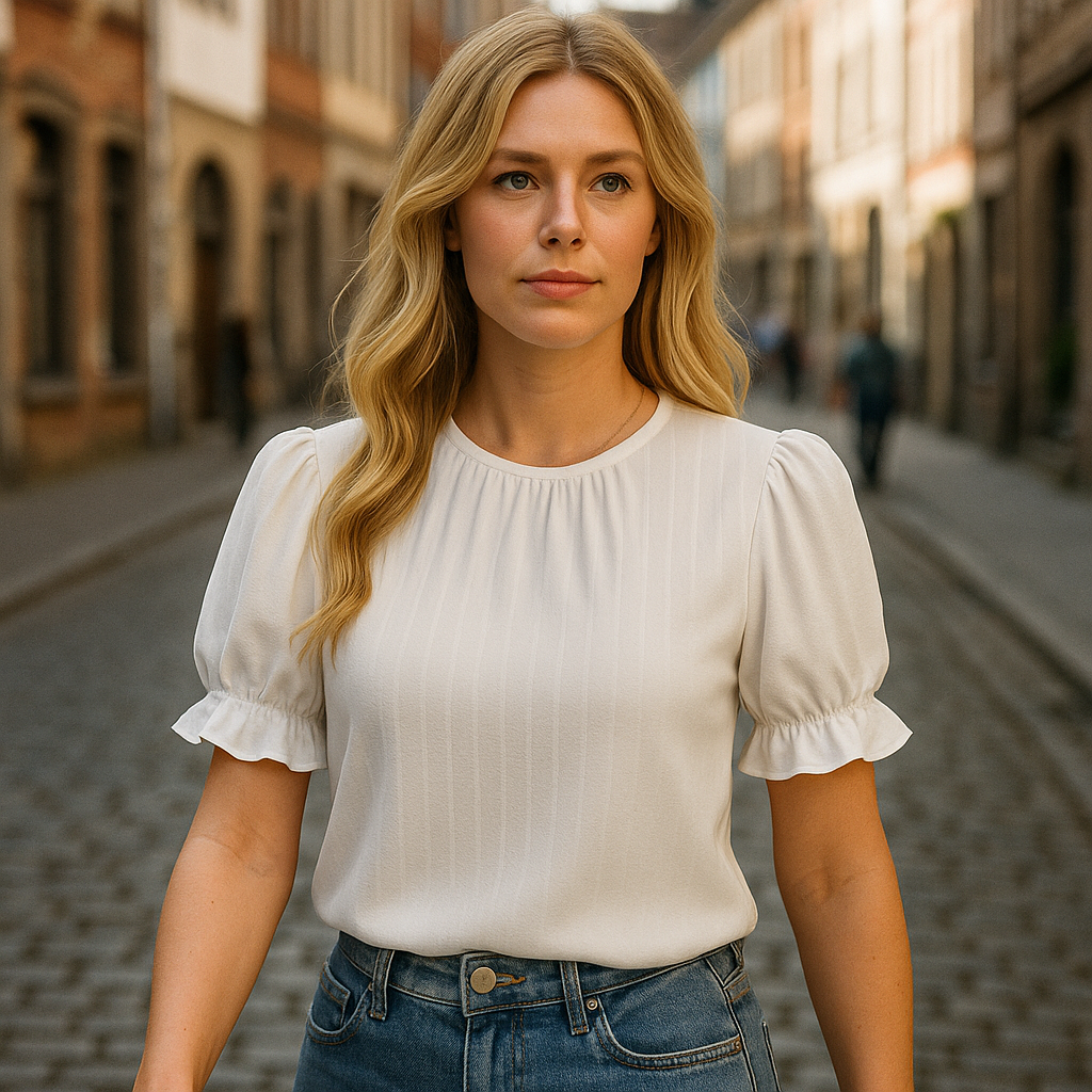 White puff sleeve blouse with round neckline and ruffle cuffs.