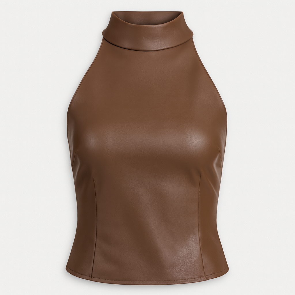 Brown faux leather halter top with sleeveless design and structured fit.