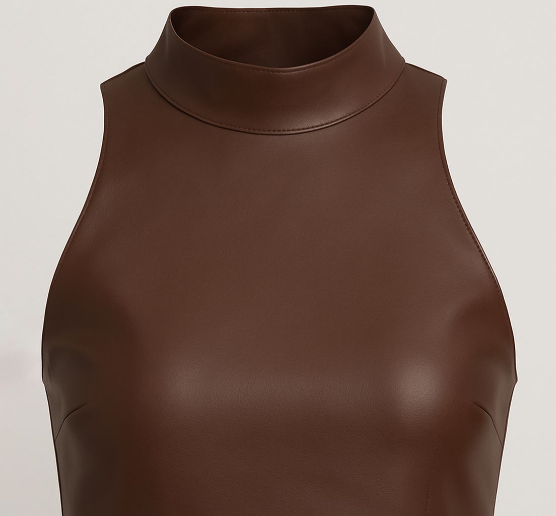 Brown faux leather halter top with sleeveless design and structured fit.