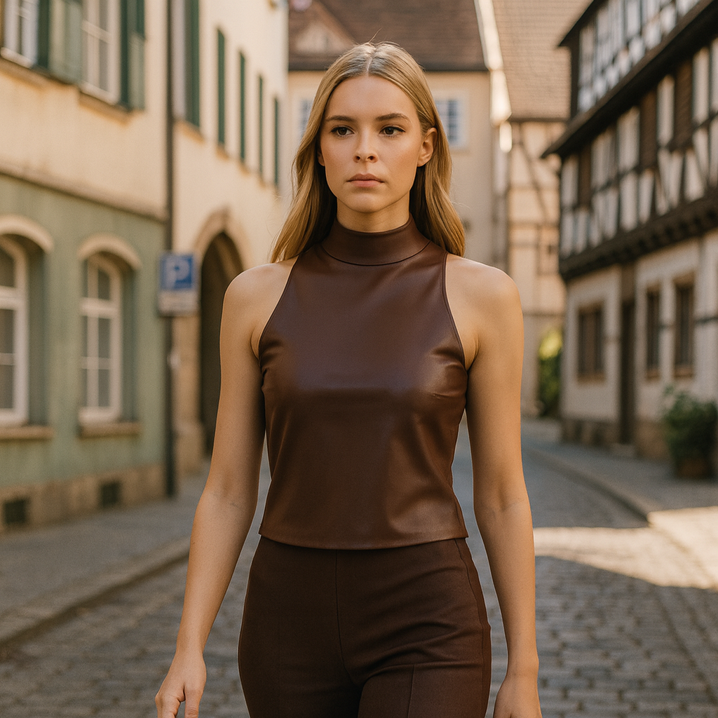 Brown faux leather halter top with sleeveless design and structured fit.
