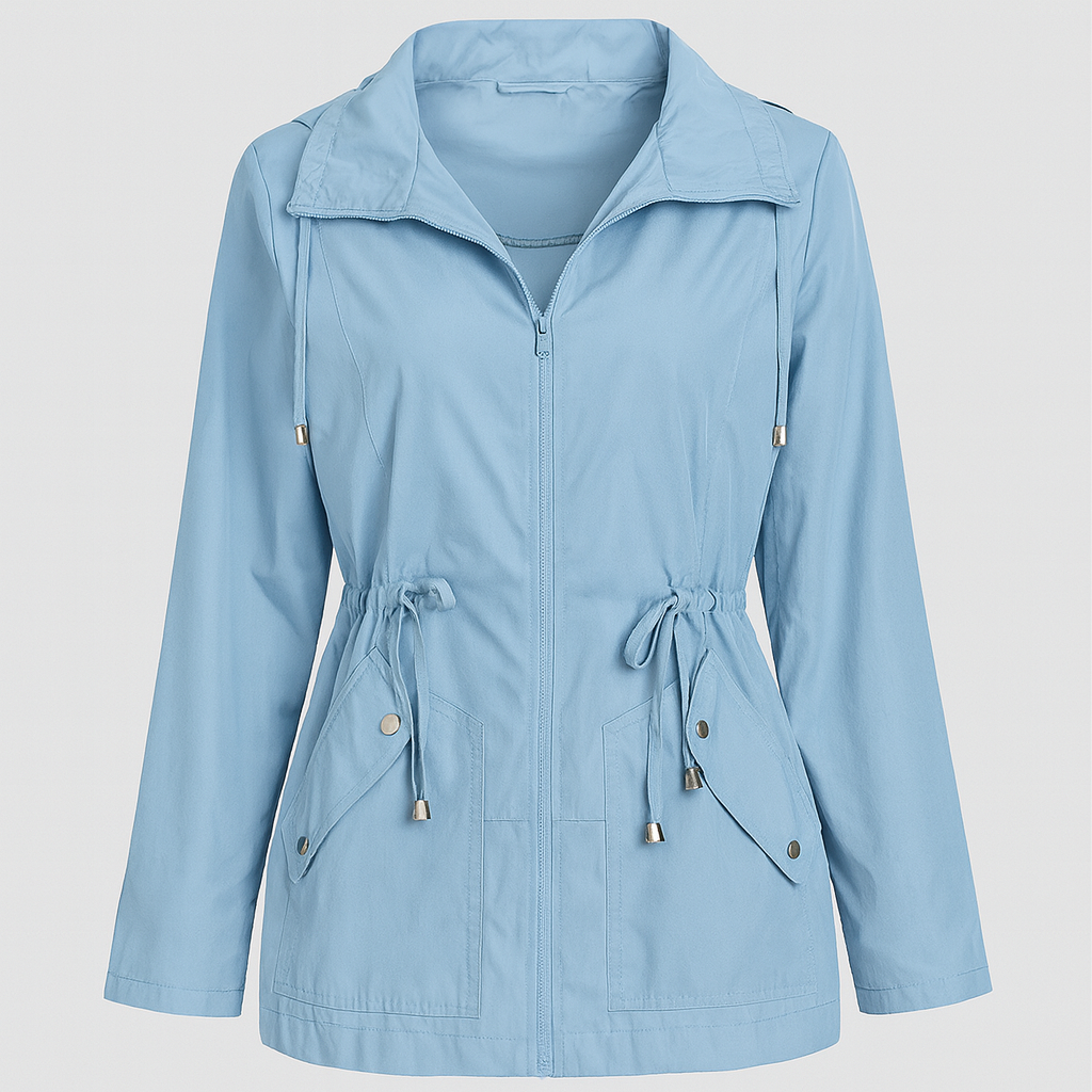 Light blue utility jacket with drawstring waist, zipper closure, and flap pockets.