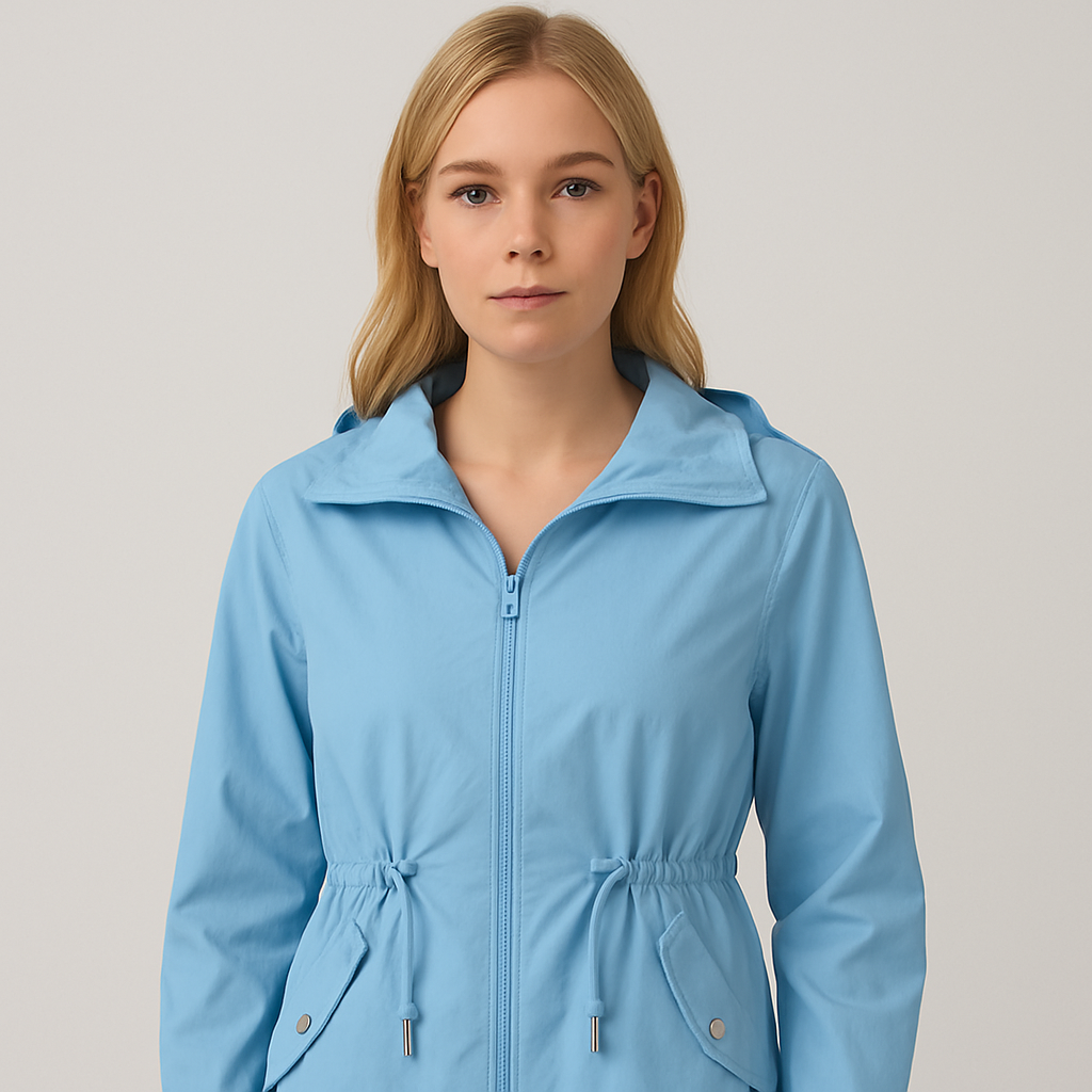 Light blue utility jacket with drawstring waist, zipper closure, and flap pockets.