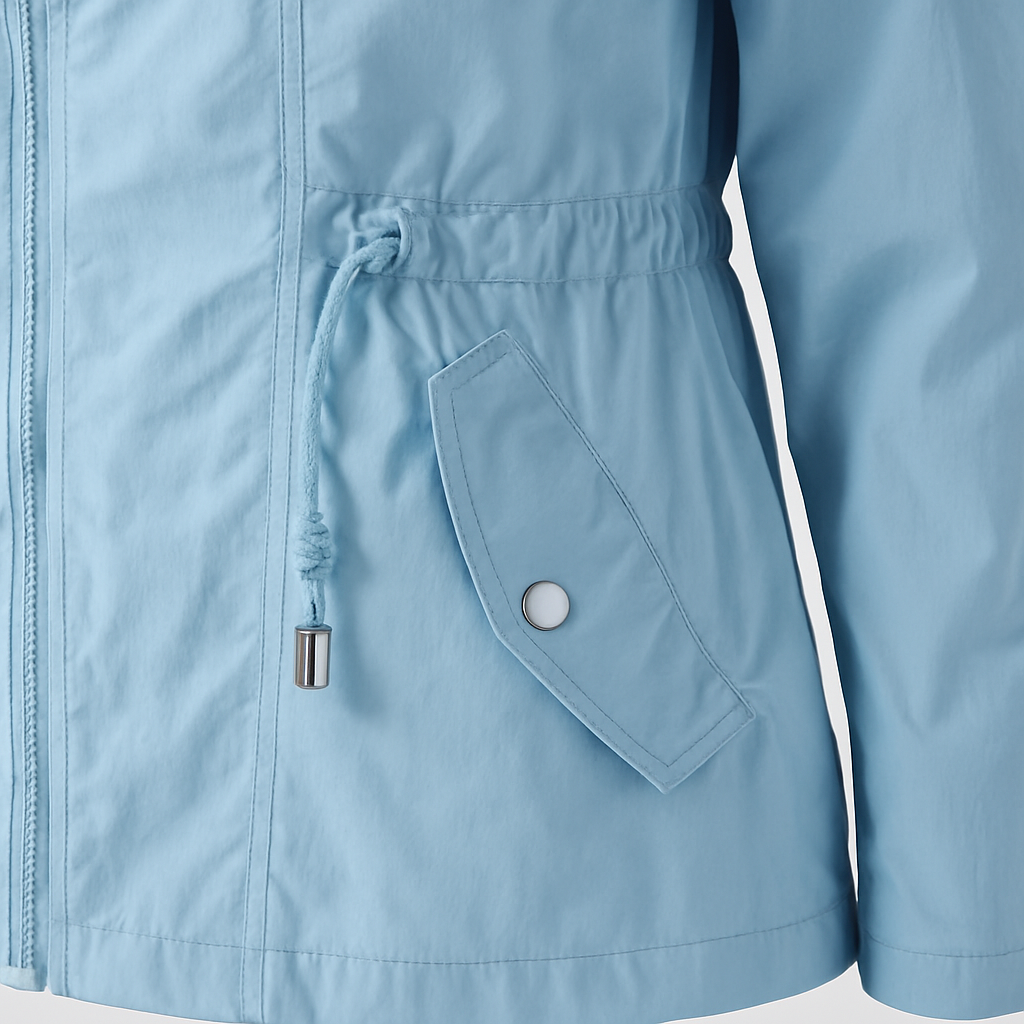 Light blue utility jacket with drawstring waist, zipper closure, and flap pockets.