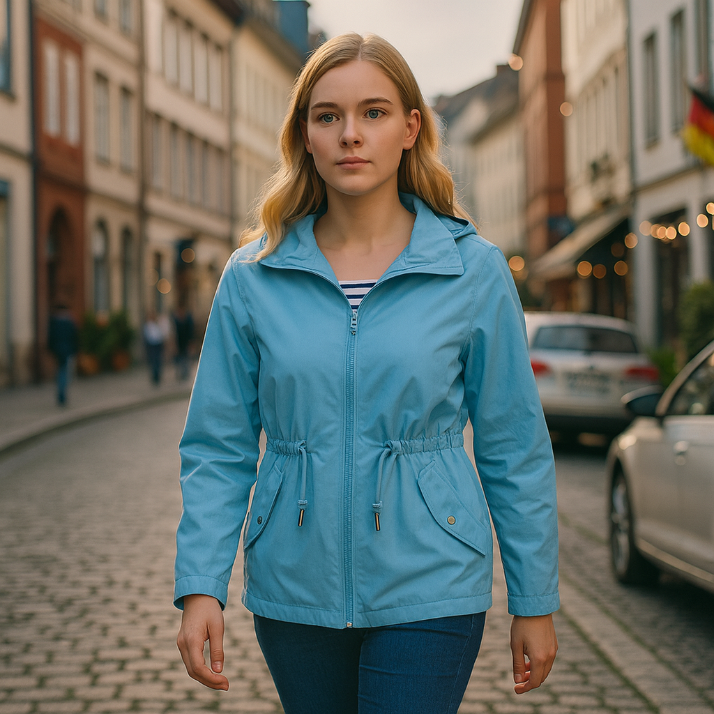 Light blue utility jacket with drawstring waist, zipper closure, and flap pockets.