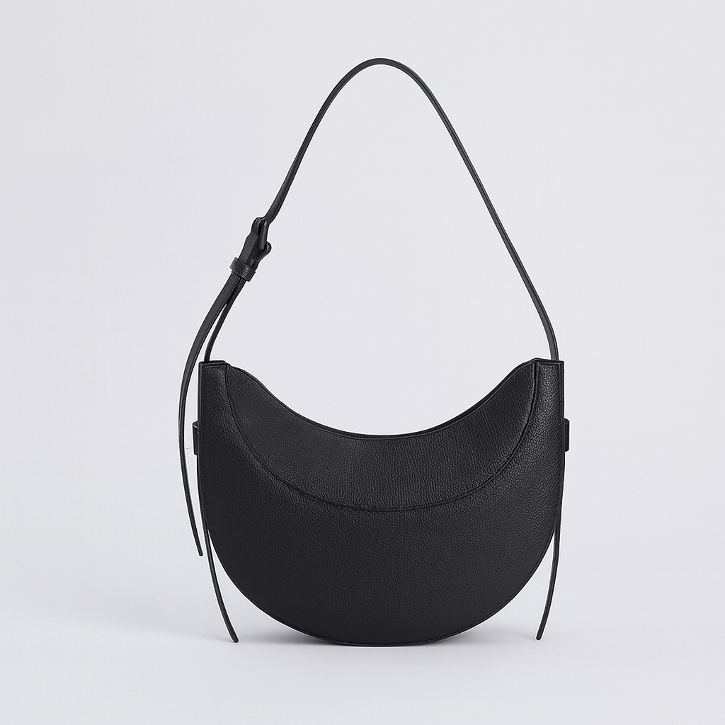 Faux leather crescent shoulder bag with curved silhouette, adjustable strap, and gold-tone zipper closure.