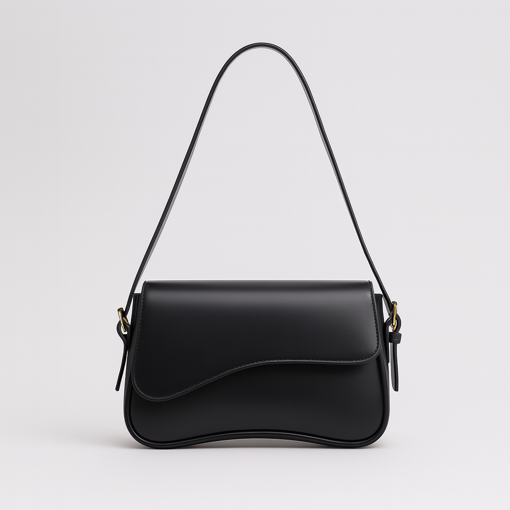 Curved flap shoulder bag with smooth leather finish, adjustable strap, magnetic closure, and sleek minimalist design for everyday wear
