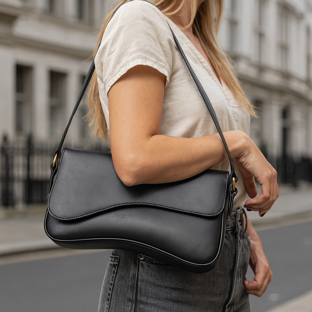 Curved flap shoulder bag with smooth leather finish, adjustable strap, magnetic closure, and sleek minimalist design for everyday wear