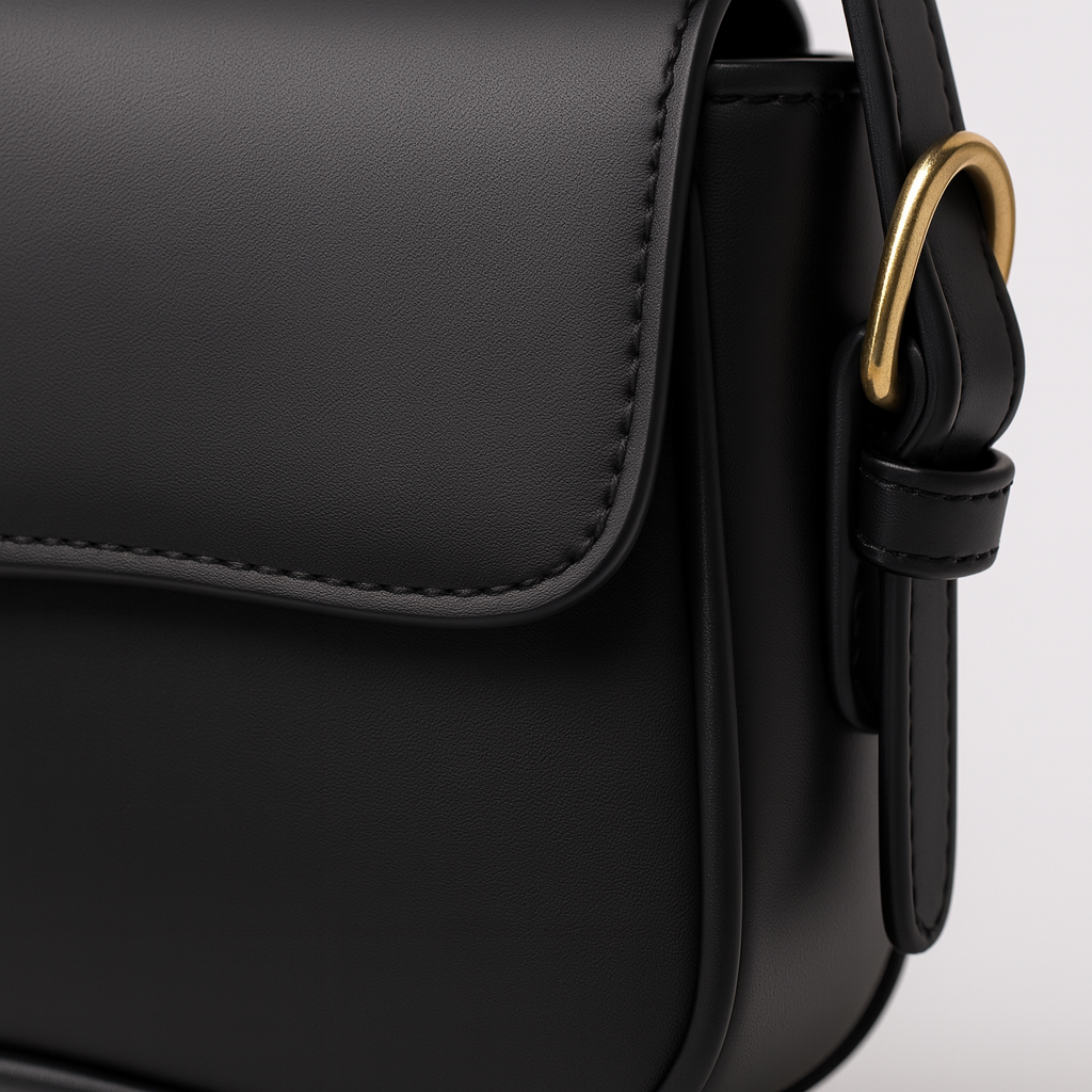 Curved flap shoulder bag with smooth leather finish, adjustable strap, magnetic closure, and sleek minimalist design for everyday wear