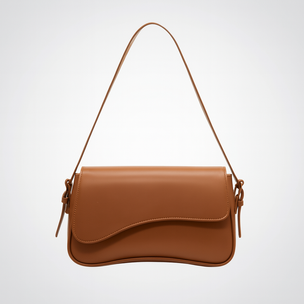 Curved flap shoulder bag with smooth leather finish, adjustable strap, magnetic closure, and sleek minimalist design for everyday wear
