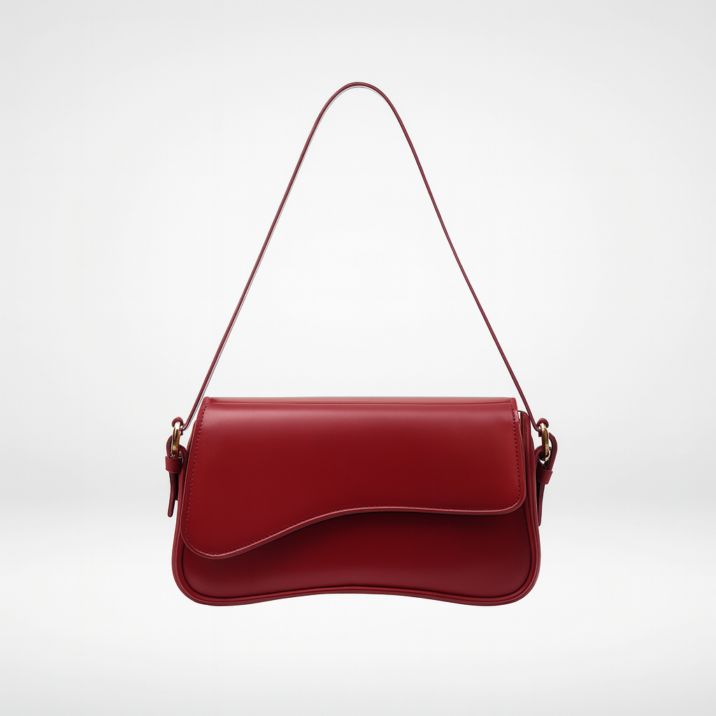 Curved flap shoulder bag with smooth leather finish, adjustable strap, magnetic closure, and sleek minimalist design for everyday wear