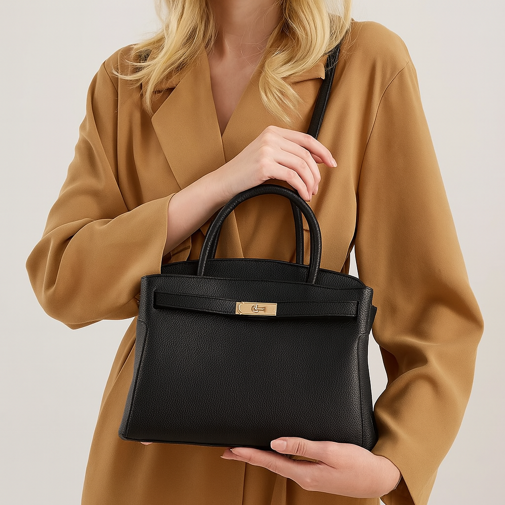 Structured leather handbag with top handles, detachable shoulder strap, and sleek minimalist design for polished everyday style