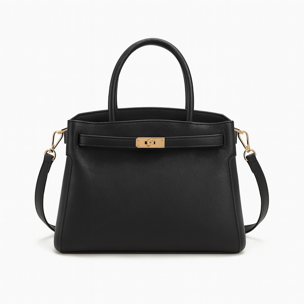 Structured leather handbag with top handles, detachable shoulder strap, and sleek minimalist design for polished everyday style