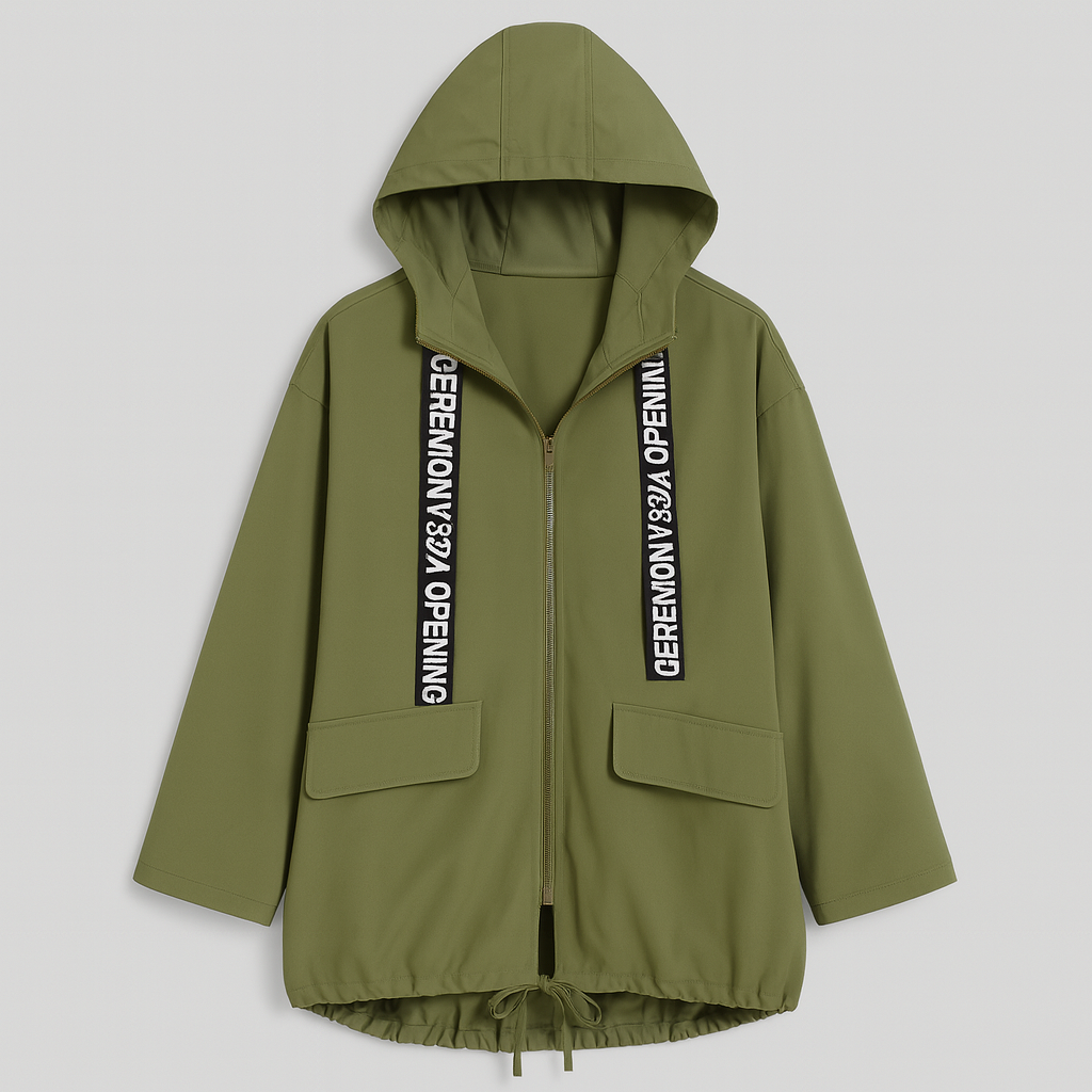 Olive green hooded utility jacket with zipper closure, flap pockets, and black printed drawstrings.