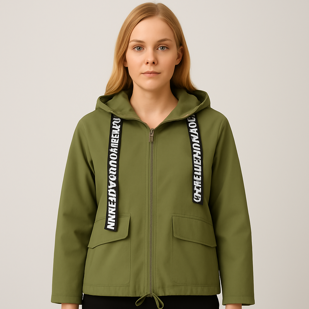 Olive green hooded utility jacket with zipper closure, flap pockets, and black printed drawstrings.