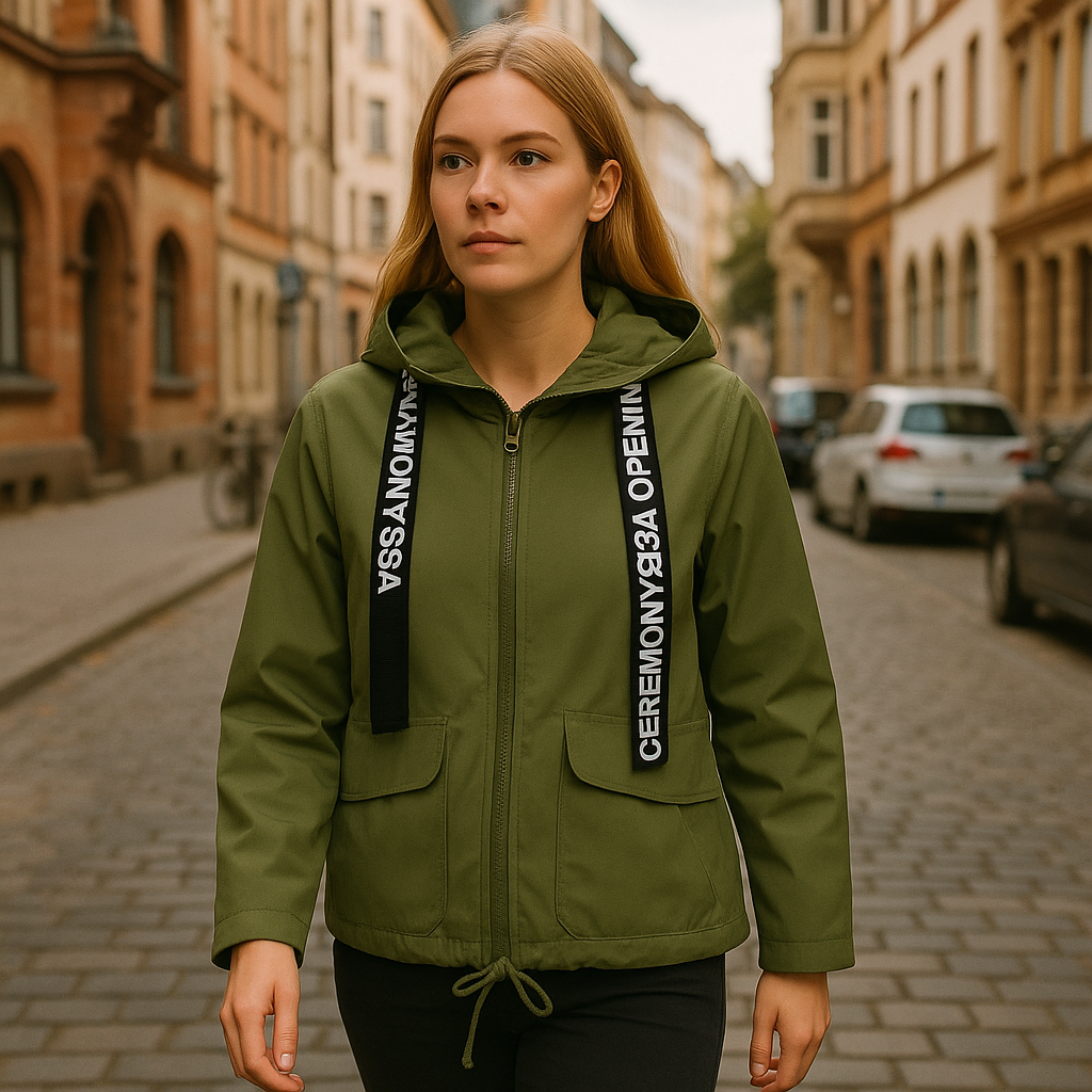 Olive green hooded utility jacket with zipper closure, flap pockets, and black printed drawstrings.